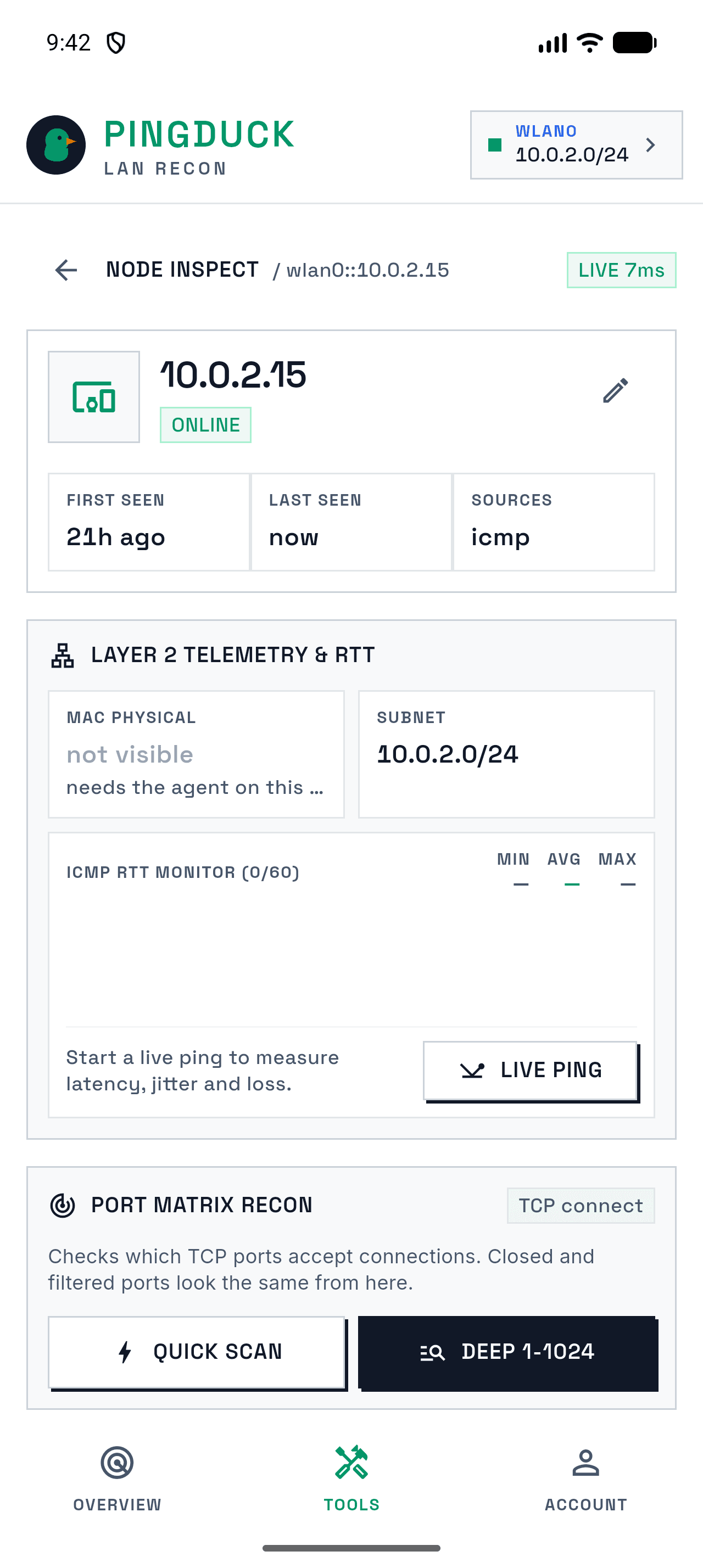 PingDuck Node Inspect screen with latency monitor and port scan